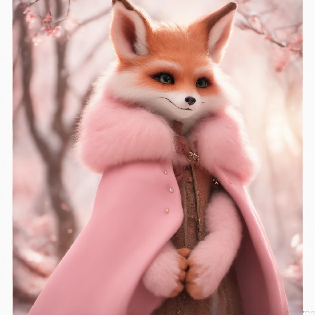 gremlin, like a fox, petite girl, big breastes, Huge eyes, large ears, big carrot in paws, white and pink fur, short tail, pink wool coat, The clothes, Best Quality, Masterpiece, in style of dark fantasy art