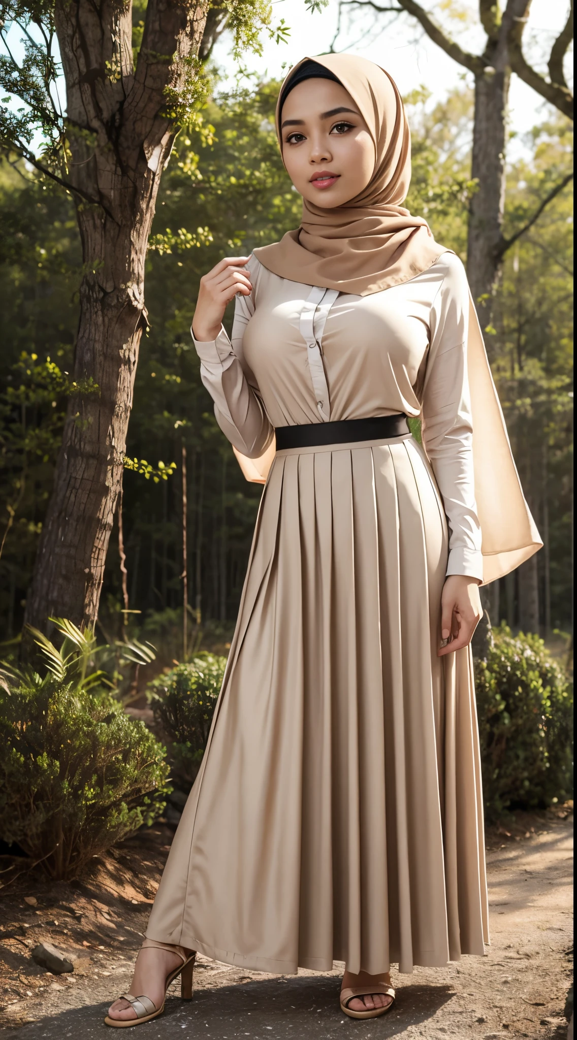 RAW, Best quality, high resolution, masterpiece: 1.3), beautiful Malay woman in hijab (iu:0.8), perfect nose, perfect lips, beautiful face, perfect eyes, detail :1.2),((big breasts)), masterpiece, quality best, very detailed,perfect body, woman in black skirt and beige blouse, long skirt, simple dress, hijab, beautiful look, simple flowing dress, pleated skirt, simple style, long dress woman, wearing a long eloquent skirt, full body image, wearing a long cloth flowing, black skirt, (sweet smile:1.1), (glossy lips:1.1), (beautiful eyes:1.1), background of the old building in the forest, covered in mouth, (close up)