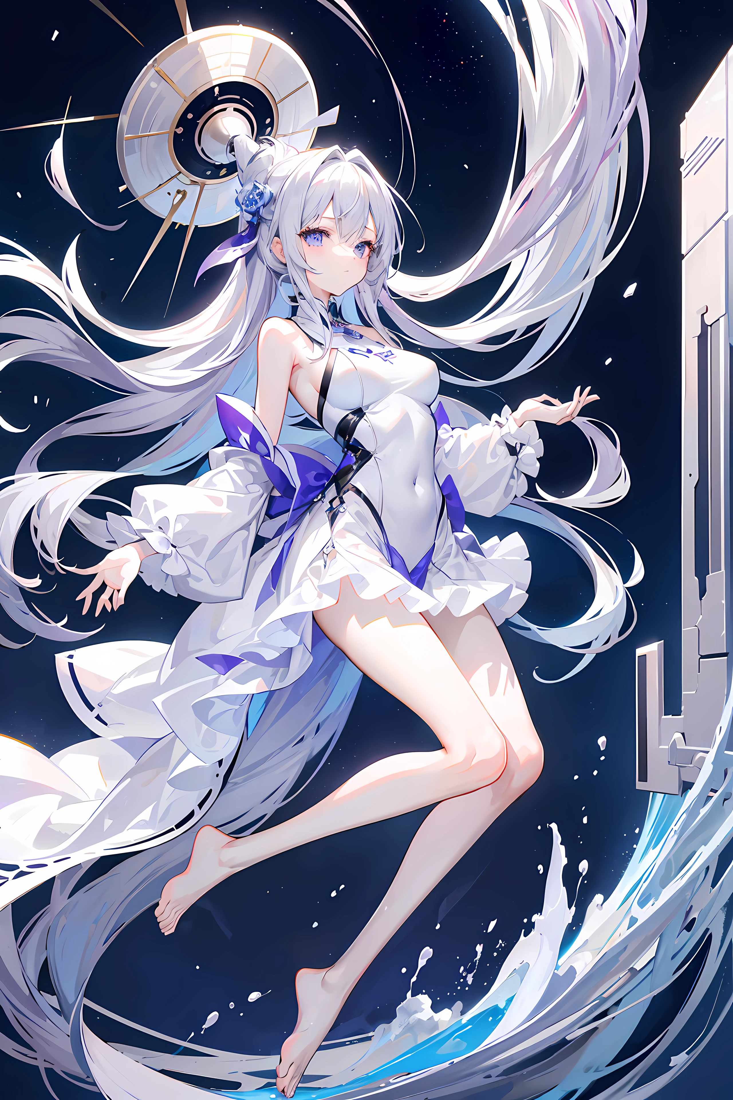 Lilac gradient hair,Asymmetrical hair,((Hair is very thick 1.8,Hair is well-defined1.6)), Hair over the shoulder, messy hair, Very long hair, shinny hair,(Long gray hair:1.2),A beautyful girl,(Luxury Platinum Mini Ultra Short Platinum Lolita,Made of transparent material),(Transparent clothes transparent 1.8),perfect body figure,big thin legs,slenderness,(looking sad,Haggard complexion ,grieves,close your mouth:1.2) Against the backdrop of an unusually bright dark starry sky,(Place your hands behind your back),(Round,tuba, firm breast),Barefoot,afloat,waterface,(long leges,long leges,long leges,Perfect leg shape),Full body photo。
