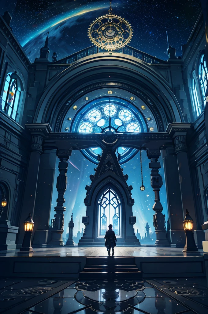 absurdres, best quality, fine detailed, 8k, no humans, starry sky, white cloud, Many huge colorful clocks and gears floating in a dimly lit large room, a huge clock decorated with silver crystal texture, white gears of various sizes, elaborately constructed altar, clock-themed ornament, silver chain, steampunk, ray tracing, refraction, cinematic lighting, fisheye lens, tyndall effect