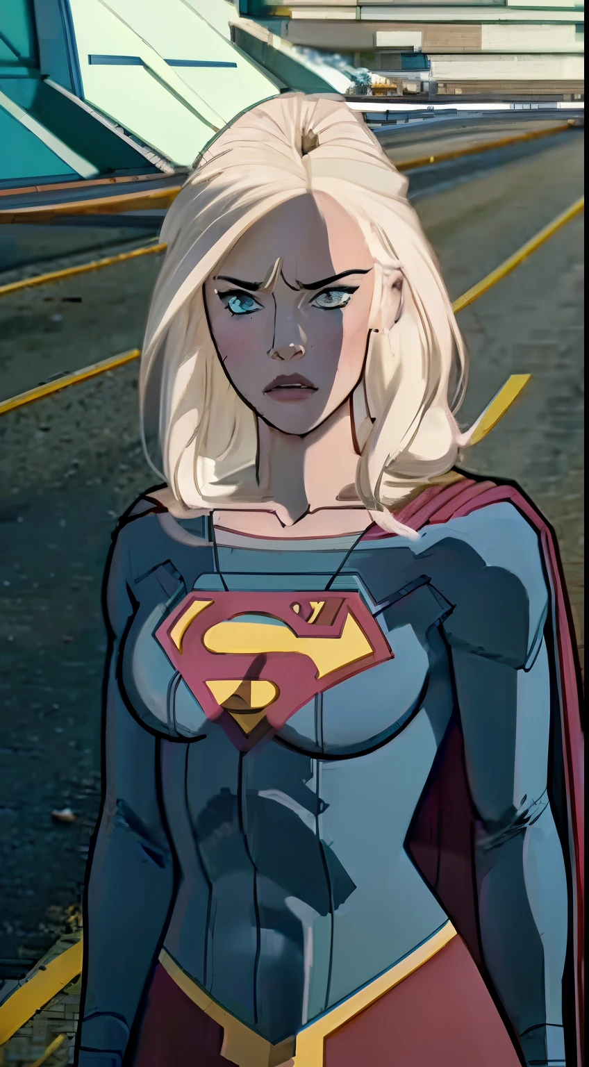 estilo anime
mulher adulta nova, 22 anos, blonde hair, ela tem um corpo magro, cabelo grande e cacheado, rostos com algumas sardas, olhos verdes, brincos nos ouvidos, colar discreto com pingente, superman character costume, red cape, heroic pose