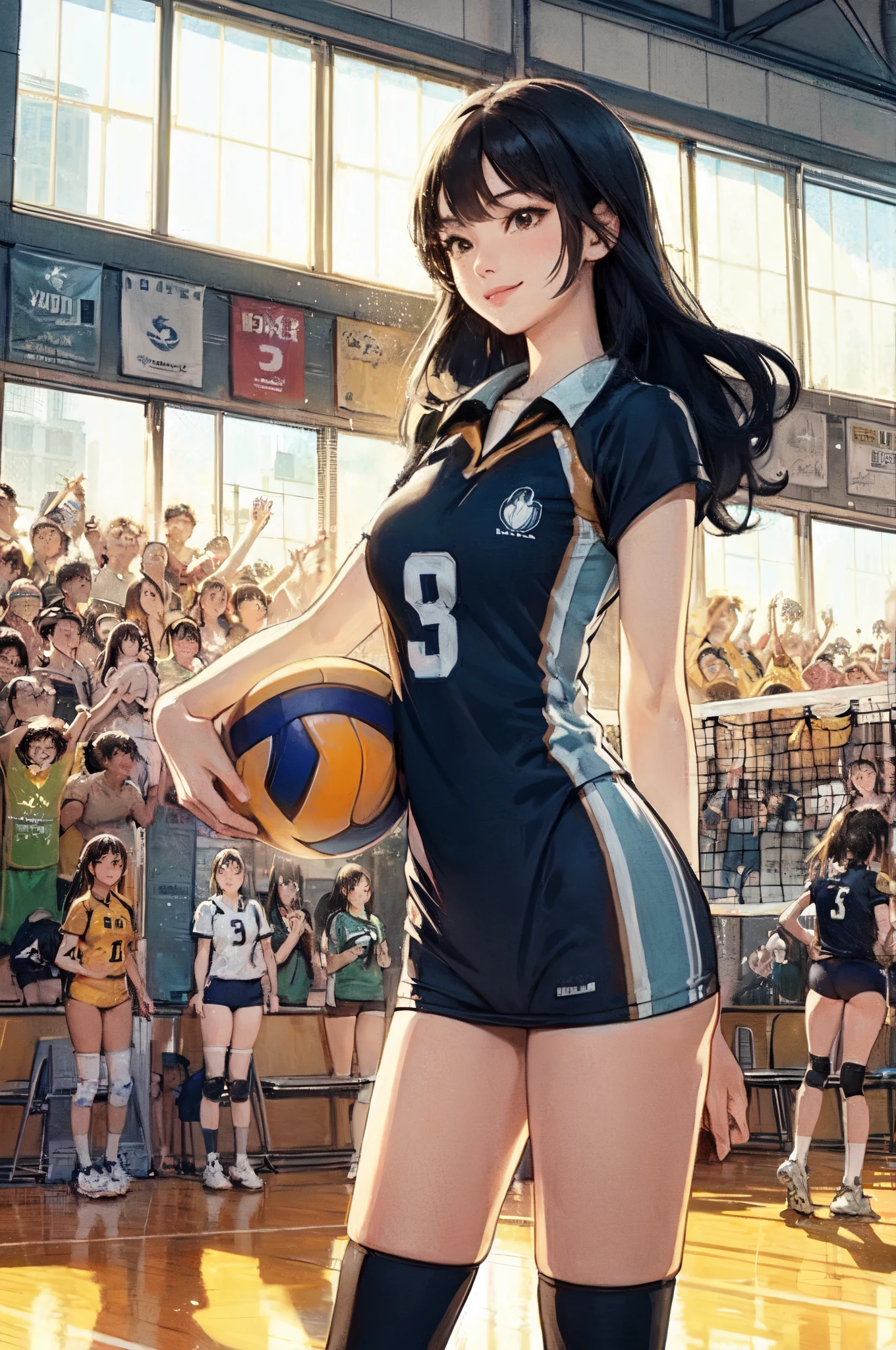 1lady solo, /(volleyball uniform/), /(black hair/) bangs, light smile, (masterpiece best quality:1.2) delicate illustration ultra-detailed, large breasts BREAK /(volleyball court indoors/)