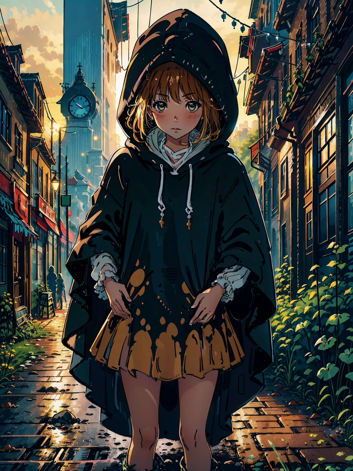 a young girl in a very loose brown poncho, Hood over her face, dirty bare feet, im Inneren eines Waggons, schmutzig , schmutzig, Garbage on the floor, Hintergrund der Stadt, Sonnenuntergang (best qulaity:0.8), (best qulaity:0.8), Perfekte Anime-Illustration, dunkles, verdecktes Gesicht, Leuchtende Augen, blaue strahlende augen. braune haare mit pony frisur. braune kurze haare mit pony. hunderwasser stil. beautiful