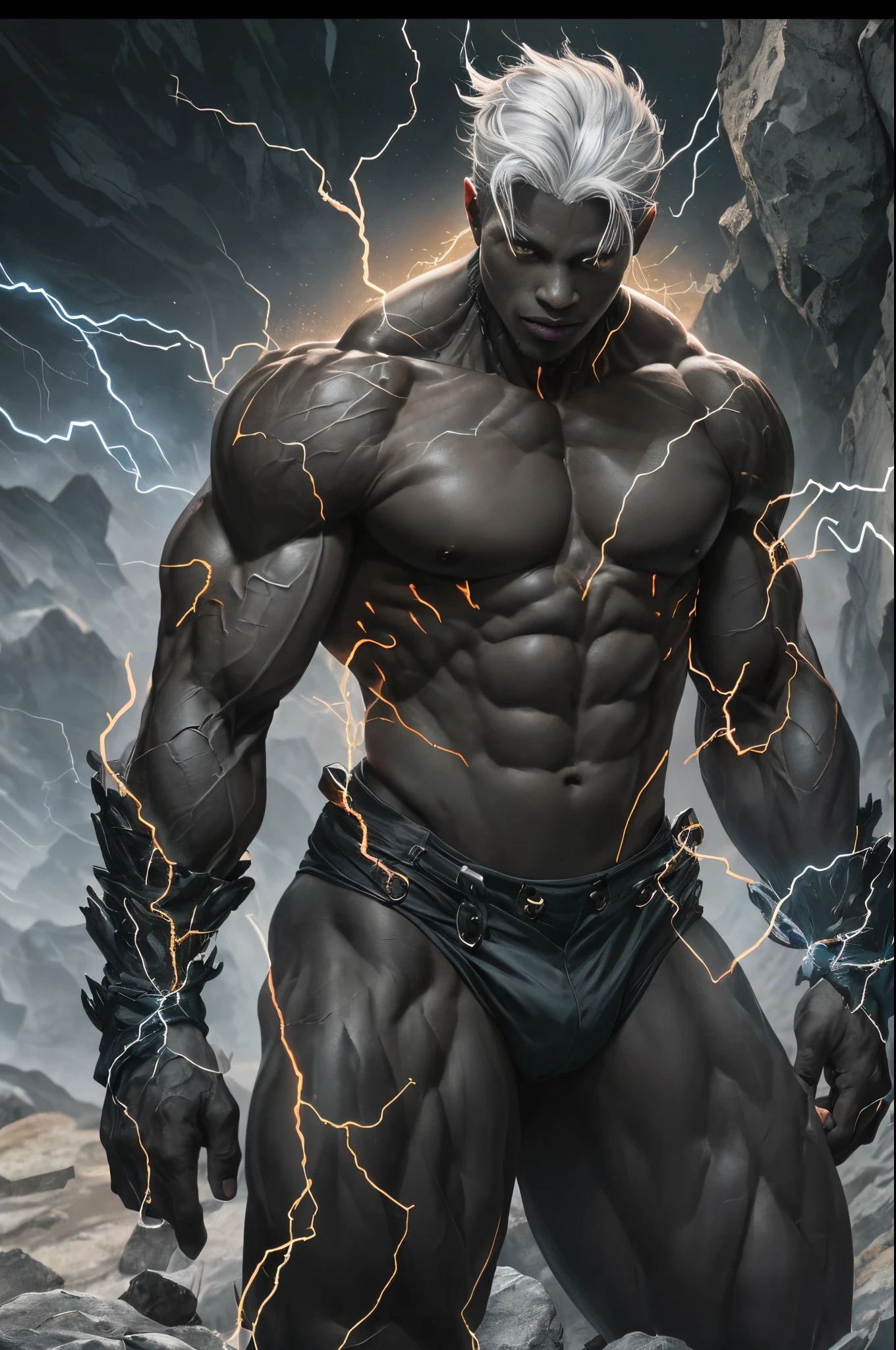 Black humanoid creature made of rock, Upper part of the body, Shirtless, male people, ((tmasterpiece, Best quality at best)), Skin rupture, White electricity gushes out of the cracks, muscle men, (Dragonborn:0.6), gray hair outdoors, Detailed background depth of field