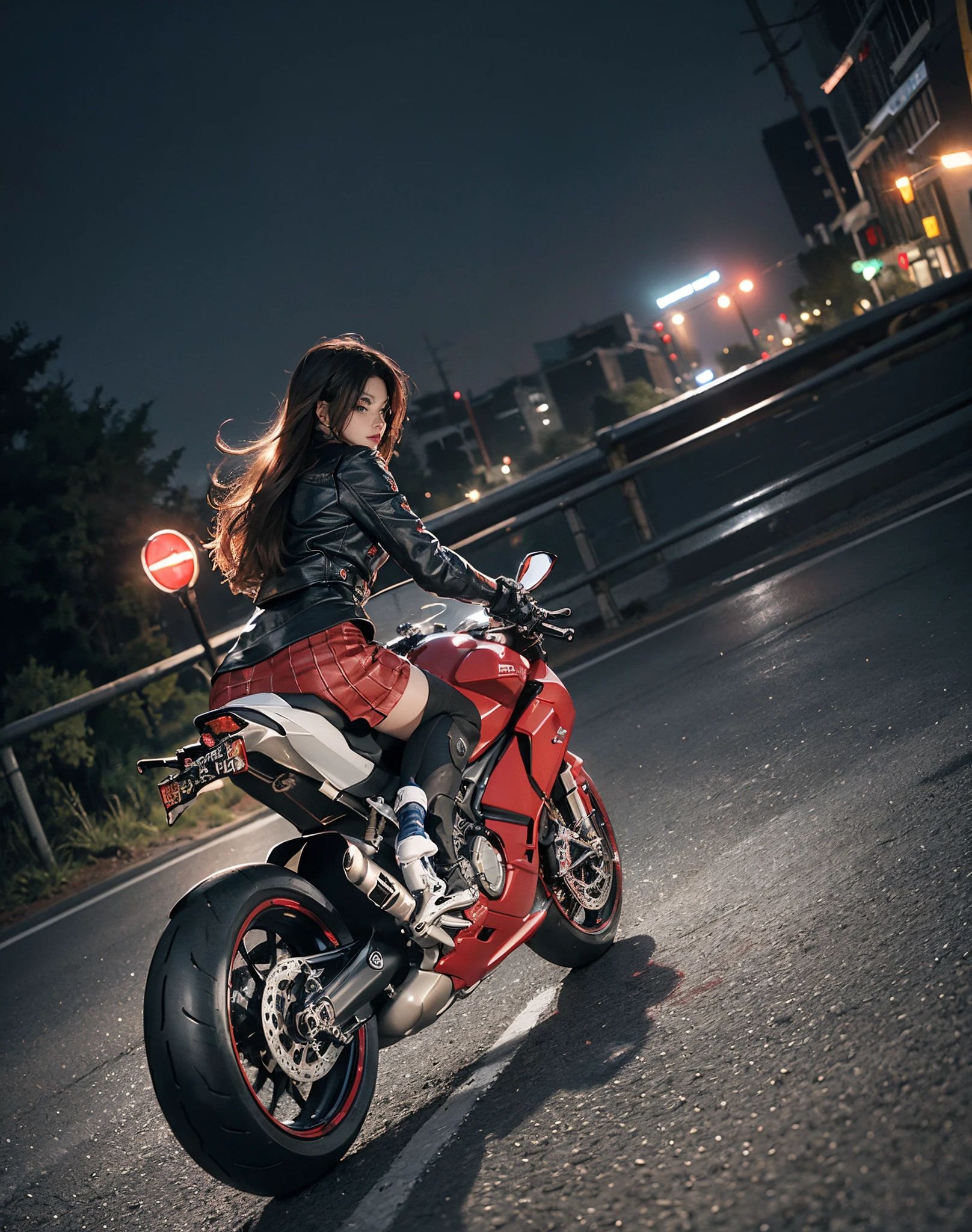 hight resolution、high-level image quality、in 8K、Real live-action、Raw photography、top-quality、masterpiece、masutepiece、(Soft Saturation:1)、(depth of fields:1.2)、(Ray traching:1.2)、headlight、Blue glow、Shot diagonally from above、Sense of speed、Post-apocalypse、the background is apocalyptic、(Doomsday World)、blue light from headlights、Dynamic Poses、Dynamic camera angles、heavy wind、A big red motorcycle speeds through a post-apocalyptic city..、((Run leaving a trail of light:1.2))、Young woman in red dress sitting on a big red motorcycle, Beautiful face、Beautiful face、(Red dress:1.2)、(Red short skirt:1.3)、white knee highs、(Red boots:1.2、Draw the toes:1.2)、perfect hand、perfect foot、perfect ankles、Perfect toes、Perfect toes、Perfect Heel:1.3、((Grasp the controller with both hands:1.2))、Slouched、put one'Upper body, Lower body:1.2、Sitting on the Ducati Panigale V4,Riding the Ducati Panigale V4, Sci-fi style bikes, Sci-fi style bikes, Ducati Panigale V4 Motorcycle Rider, How to ride the Ducati Panigale V4, (Draw left and right rearview mirrors:1.3)、(headlights shine blue:1.2)、picture of a female biker, motorbike,Motorcycle displacement: Ducati Panigale V4 Details、motion-blur、(white smoke from tires:1.1)、