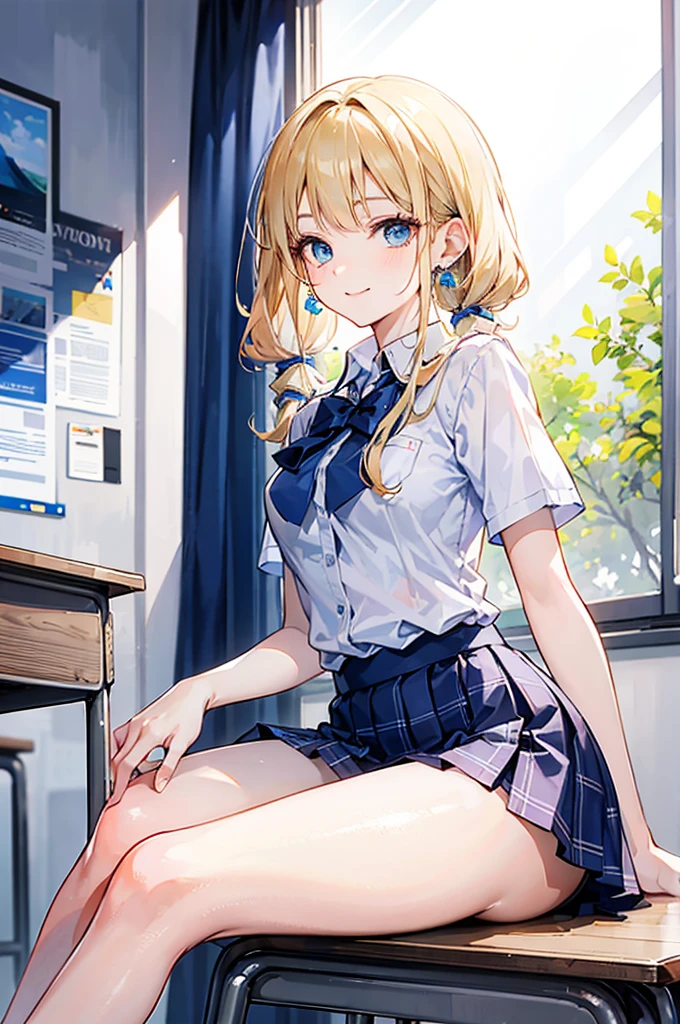 Realistic and detailed image of a girl in a school uniform with pleated plaid mini skirt. She has long wavy blonde hair in pigtails. Blue eyes. She has earrings, long eyelashes. she has small breasts, slim waist, very wide hips and thick thighs. smiling, pleased face. Legs open, panty view. Back arched. She is sitting in a classroom with sun rays at sunset.