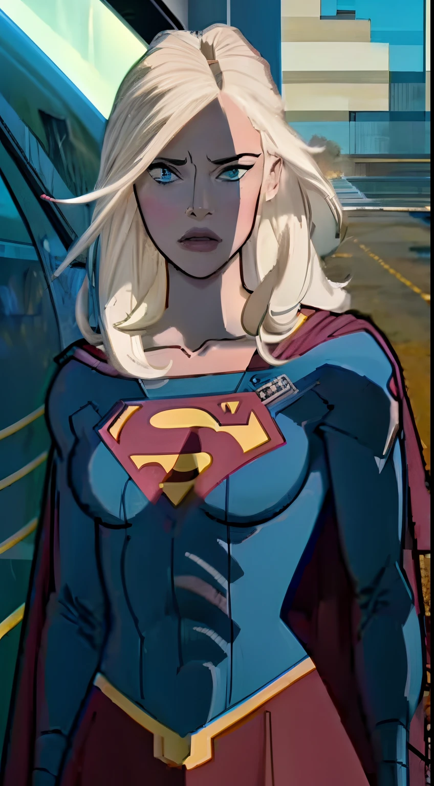 estilo anime
mulher adulta nova, 22 anos, blonde hair, ela tem um corpo magro, cabelo grande e cacheado, rostos com algumas sardas, olhos verdes, brincos nos ouvidos, colar discreto com pingente, superman character costume, red cape, heroic pose