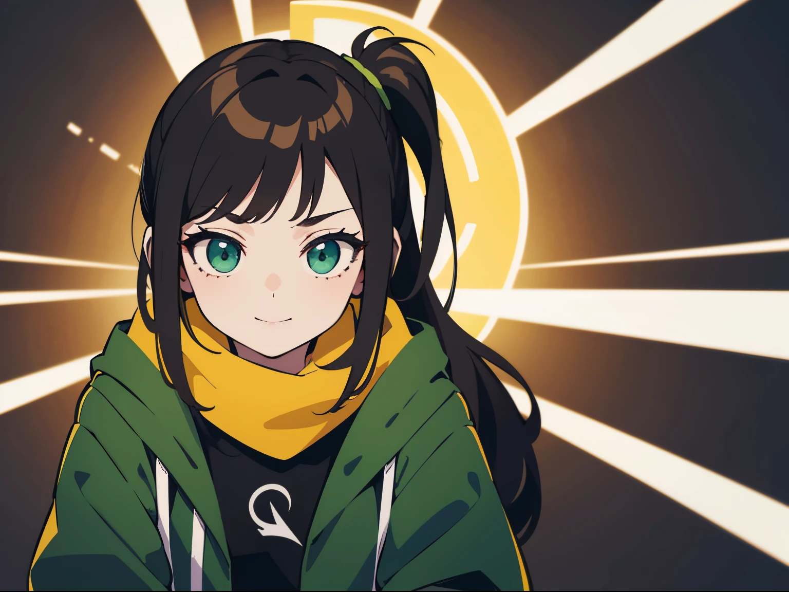 (tmasterpiece), Best quality, Expressive eyes, is a perfect face, (pale-skinned),goth style，punky style，white character outline stroke，Brown side ponytail，green-eyed，green windbreaker，Yellow scarf，calm face，neon lights behind，ssmile，bit girl，A half body，Sat down
