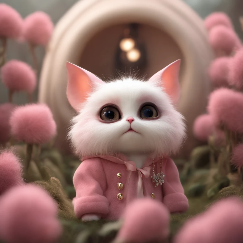 gremlin, Like a cat, petite girl, big breastes, Huge eyes, large ears, big carrot in paws, white and pink fur, short tail, pink wool coat, The clothes, Best Quality, Masterpiece, in style of dark fantasy art