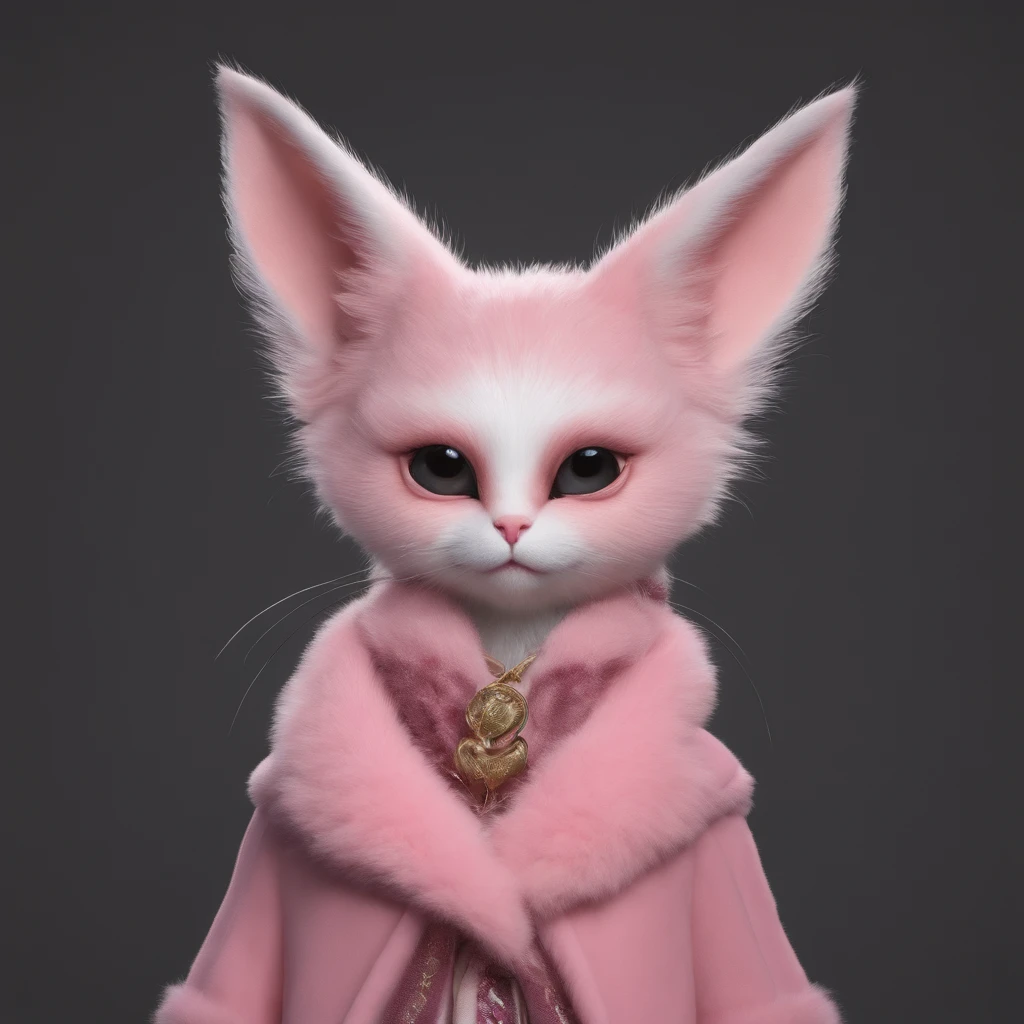 gremlin, Like a cat, petite girl, big breastes, Huge eyes, large ears, big carrot in paws, white and pink fur, short tail, pink wool coat, The clothes, Best Quality, Masterpiece, in style of dark fantasy art