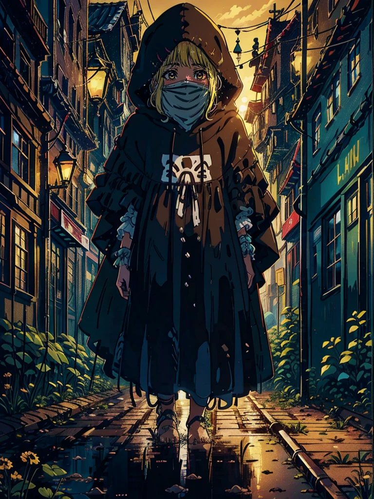 a young girl in a very loose brown poncho, Hood over her face, dirty bare feet, im Inneren eines Waggons, schmutzig , schmutzig, Garbage on the floor, Hintergrund der Stadt, Sonnenuntergang
(best qulaity:0.8), (best qulaity:0.8), Perfekte Anime-Illustration, dunkles, verdecktes Gesicht, Leuchtende Augen
