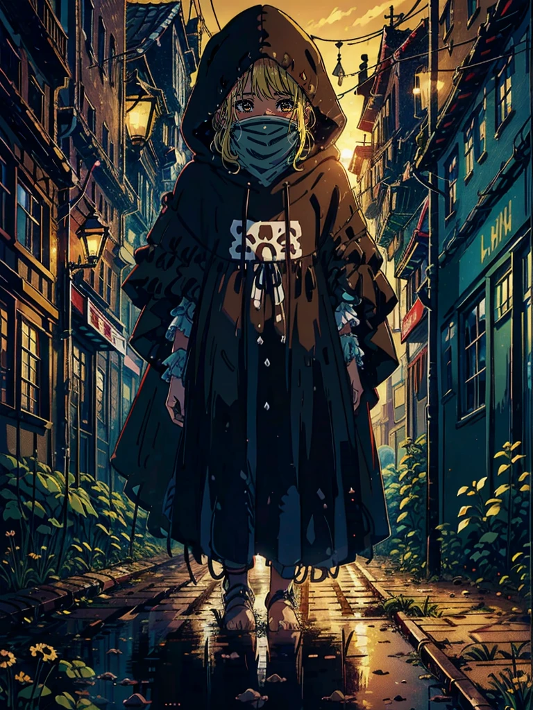 a young girl in a very loose brown poncho, Hood over her face, dirty bare feet, im Inneren eines Waggons, schmutzig , schmutzig, Garbage on the floor, Hintergrund der Stadt, Sonnenuntergang
(best qulaity:0.8), (best qulaity:0.8), Perfekte Anime-Illustration, dunkles, verdecktes Gesicht, Leuchtende Augen