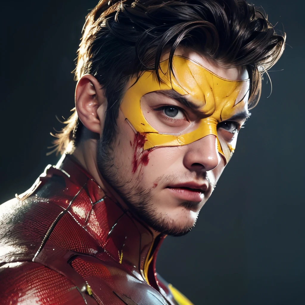 a close up of a man with blood on his face and hands, taron egerton as wolverine, comic book character, cyclops, cinematic action shot, realistic cosplay, cinematic bust shot, professional cosplay, cinematic body shot, wearing red and yellow hero suit, damian kryzwonos, fan art, portrait shot, superhero portrait, character photography, dramatic cinematic action shot