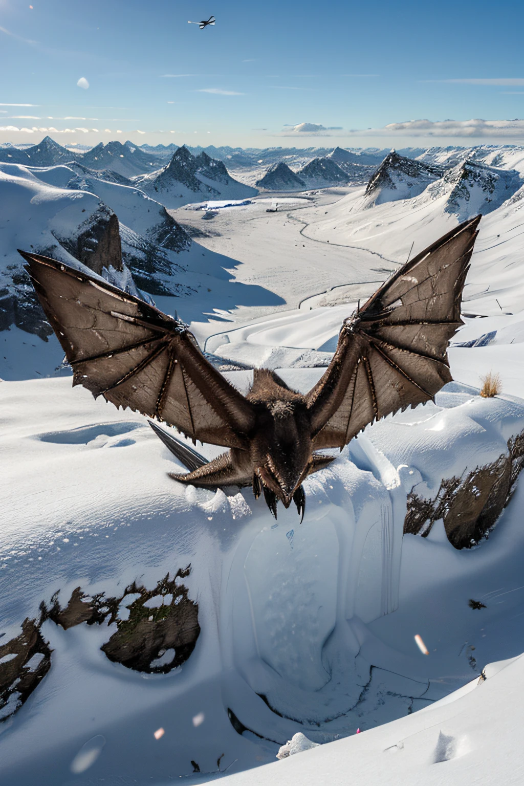 Ein Eisdrache, dangerous appearance, detailliertes, echt aussehend, flies over a snowy landscape, runny, viele Zacken,