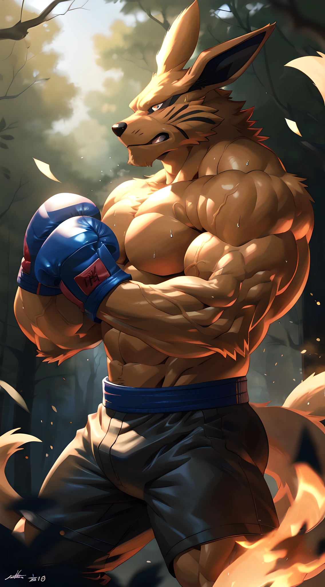 ultra quality:1.4, 4k, high resolution, best quality, color, smooth comics style, takemoto_arashi style, wfa style, solo, kurama:1.0, muscles:1, heavyweight, massive build, vascular veins, anime martial arts, sweat:1.2, strong:1, masculine, (in a forest), fighting scene, dynamic scene, (wearing boxing gloves, detailed boxing gloves:1.1), detailed, detailed face, detailed eyes