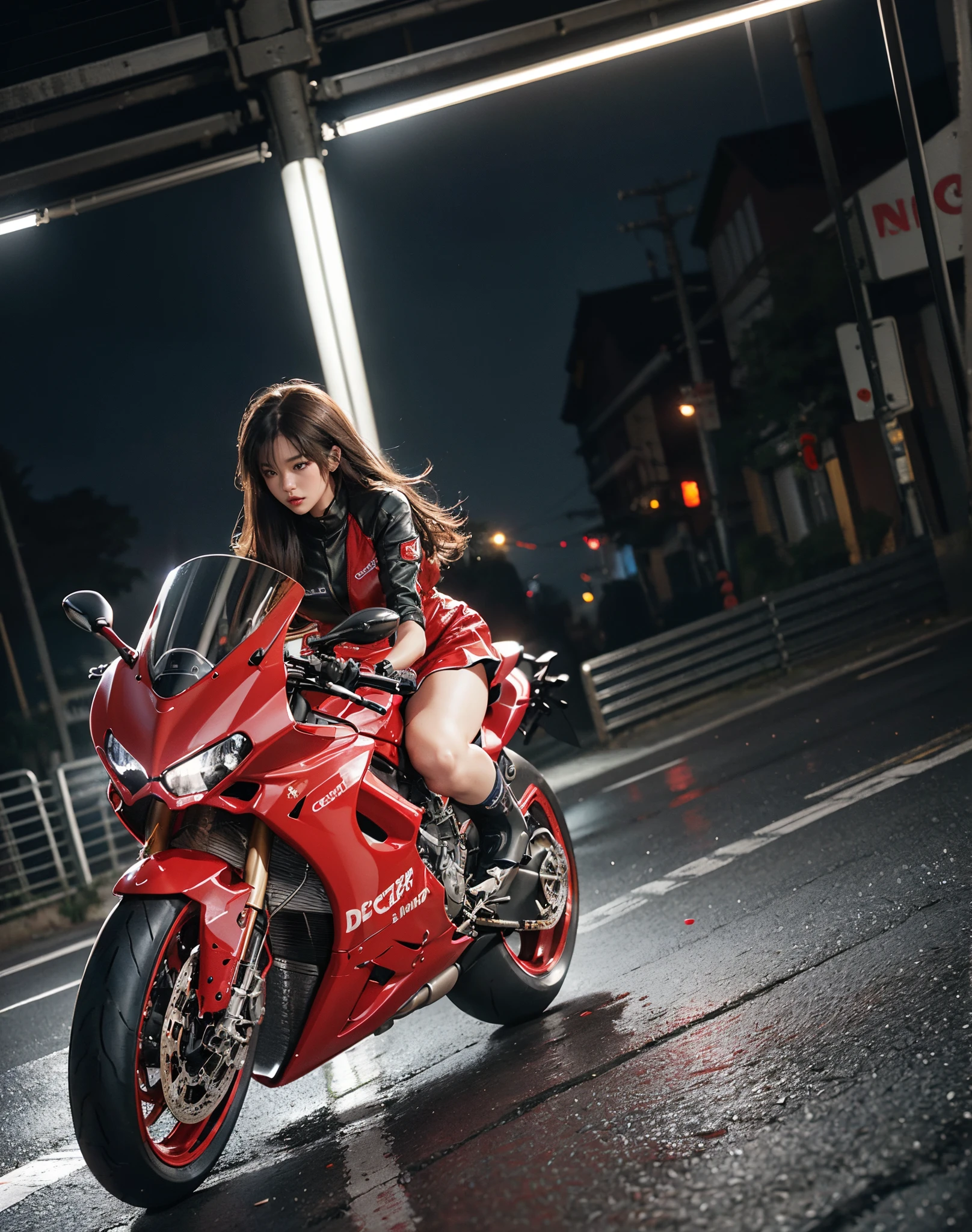 hight resolution、high-level image quality、in 8K、Real live-action、Raw photography、top-quality、​masterpiece、masutepiece、(Soft Saturation:1)、(depth of fields:1.2)、(Ray traching:1.2)、headlight、Blue glow、Shot diagonally from above、Sense of speed、Post-apocalypse、The background is apocalyptic、Doomsday World、blue light from headlights、Dynamic Poses、Dynamic camera angles、heavy wind、Big red motorcycle speeding through the city at night、((Run leaving a trail of light:1.2))、Young woman in red dress sitting on a big red motorcycle, Beautiful face、Beautiful face、(Red dress:1.2)、(Red short skirt:1.3)、white knee highs、(Red boots:1.2、Draw the toes:1.2)、perfect hand、perfect foot、perfect ankles、Perfect toes、Perfect toes、Perfect Heel:1.3、((Grasp the controller with both hands:1.2))、Slouched、put one'Upper body, Lower body:1.2、Sitting on the Ducati Panigale V4,Riding the Ducati Panigale V4, Sci-fi style bikes, Sci-fi style bikes, Ducati Panigale V4 Motorcycle Rider, How to ride the Ducati Panigale V4, (Draw left and right rearview mirrors:1.3)、(headlights shine blue:1.2)、picture of a female biker, motorbike,Motorcycle displacement: Ducati Panigale V4 Details、motion-blur、(white smoke from tires:1.1)、