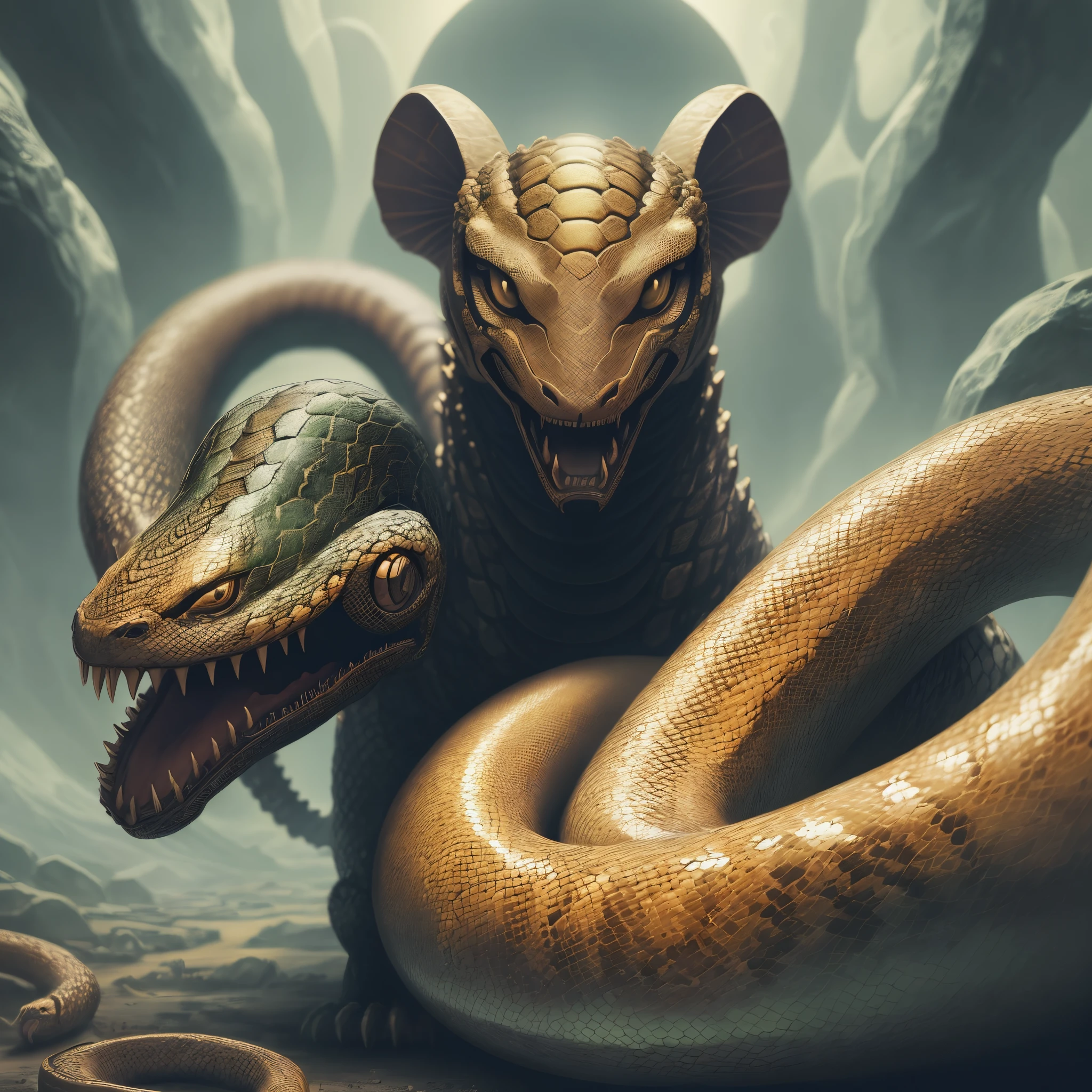 Create a striking illustration of Ra facing the serpent Apep, capturing the epic moment of the snake&#39;s daily defeat, but leaving visual clues of his eventual resurgence and the prophecy of the end of the world.