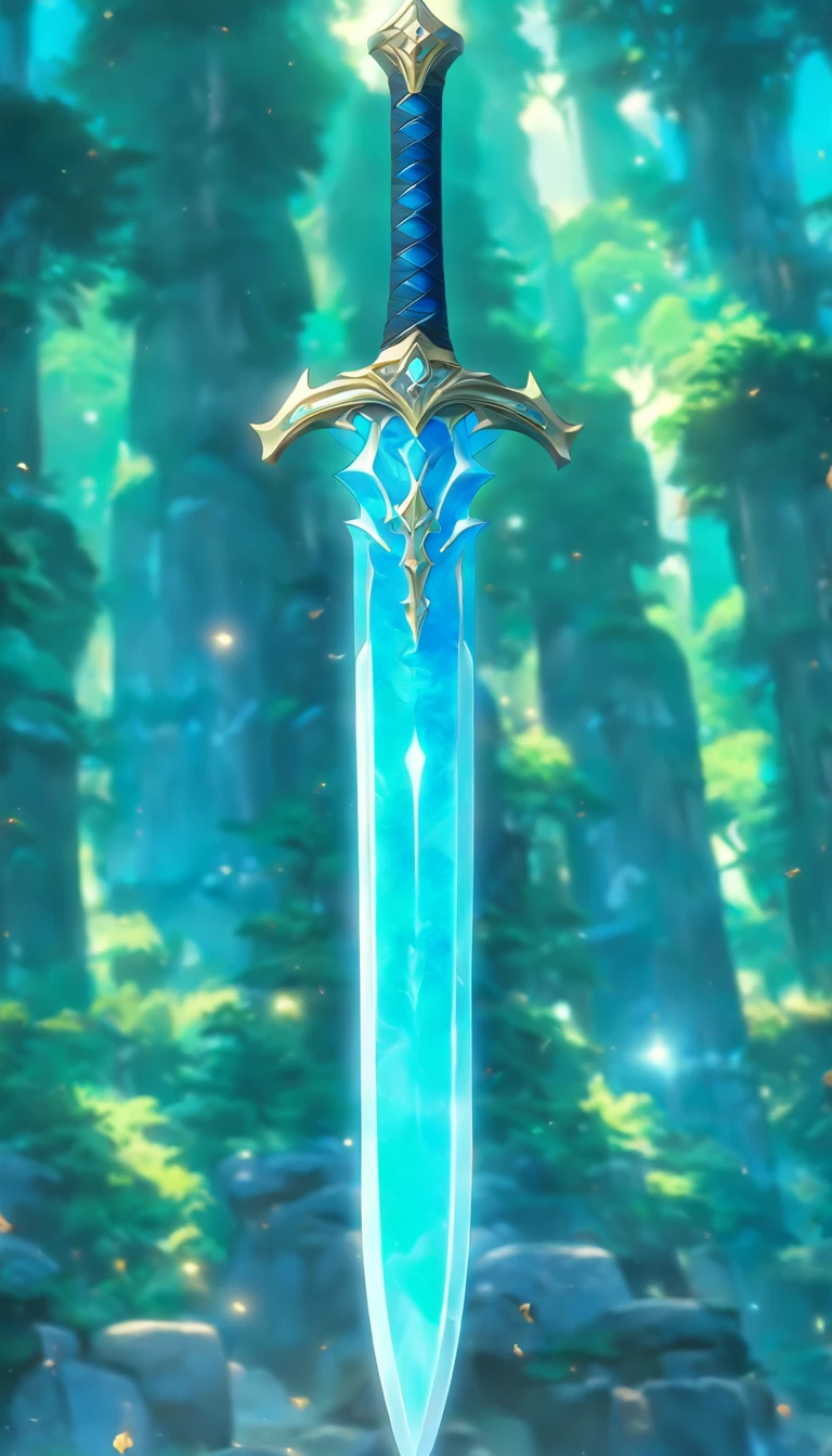 Excalibur, Delicate mango, Exquisite sword blade，well decorated,（((Blade designed with blue opal and light green grain effect shape pattern..：1.3))), Should, (The sword body is symmetrically decorated:1.3), (The entire Excalibur blade is centered:1.3), Close-up of the middle view,（overview:1.3),（Fantastic landscape painting:1.2), hyperrealistic photo, ultra - detailed, 8K, Premium wallpapers, Highest image quality, ..。.。.3D,c4d, tmasterpiece, Rendered by Octane