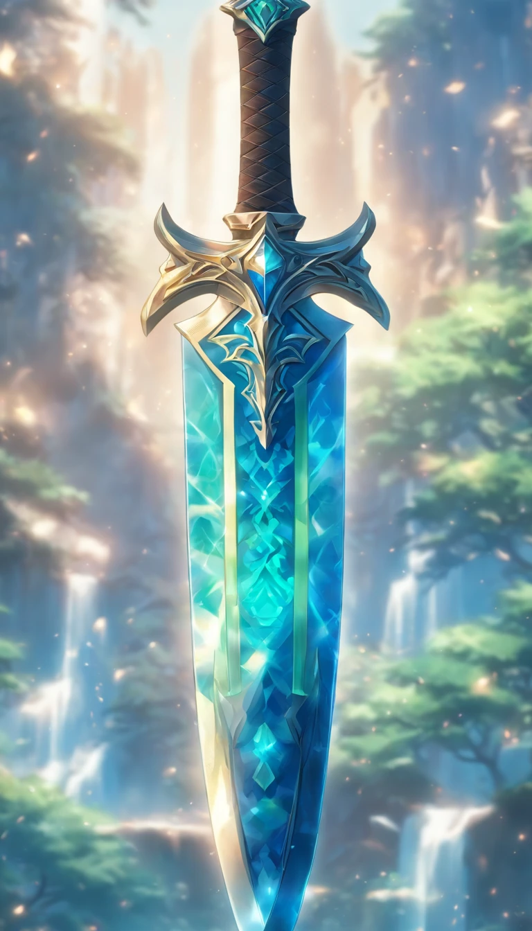 Excalibur, Delicate mango, Exquisite sword blade,well decorated,(((Blade designed with blue opal and light green grain effect shape pattern..:1.3))), Should, (The sword body is symmetrically decorated:1.3), (The entire Excalibur blade is centered:1.3), Close-up of the middle view,(overview:1.3),(Fantastic landscape painting:1.2), hyperrealistic photo, ultra - detailed, 8K, Premium wallpapers, Highest image quality, ..。.。.3D,c4d, tmasterpiece, Rendered by Octane