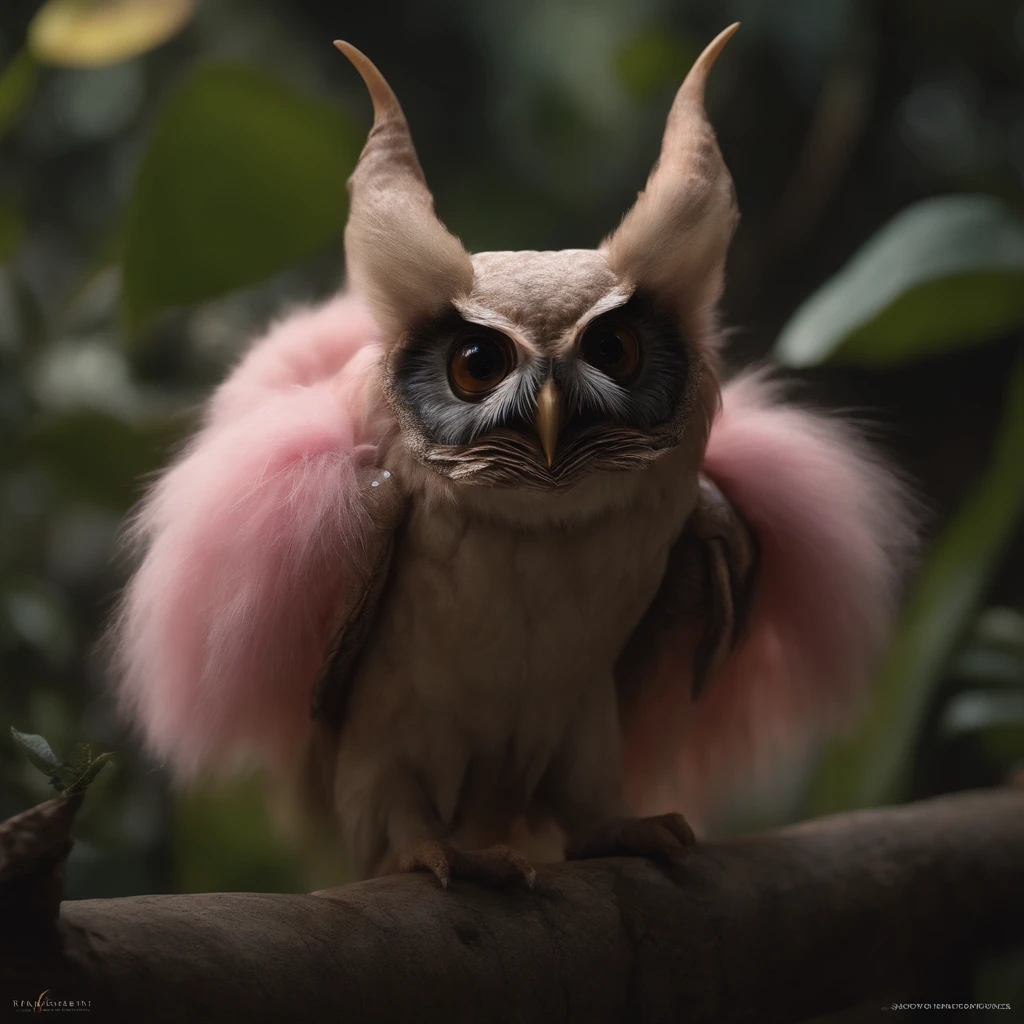 gremlin, like an owl, Huge eyes, large ears, horns near the ears, big carrot in paws, white and pink fur, short tail, pink wool coat, The clothes, Best Quality, Masterpiece, in style of dark fantasy art, 真实感, Realism, Sovp, tmasterpiece, Brad Jongsan walks in the jungle (Night of the Fireflies), (higly detailed: 1 1), rough face, natural skin, hiquality, NSFW, pretty eyes, (Detailed face and eyes), (s face: 1 2), tumult, Complementary, real-photo, ..PSD, Lightweight Film Photography, sharp-focus, contrast lighting, Detail Skin, high resolution 8k, Crazy detailing, Realistic, professional photo of a, 8K UHD, dslr, soft light, hiquality, film grains, Fujifilm XT3