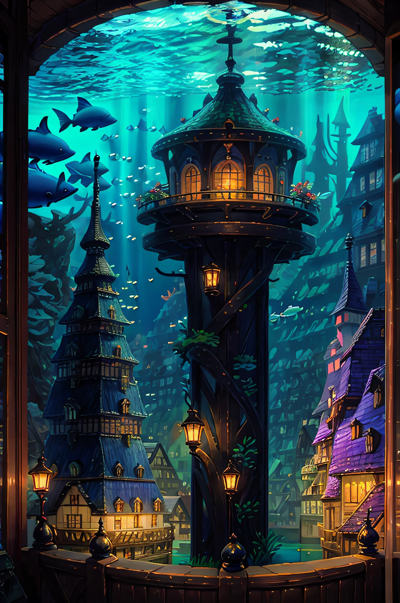 Une ville sous-marine vivante, Illuminé par des coraux bioluminescents et des plantes aquatiques, où les poissons de toutes sortes nagent gracieusement autour. dans le centre-ville, Il y a un énorme, Trône de coquillages décoré de perles et bijoux en coquillages, entouré de poissons colorés, des voitures tirées par des dauphins transportant des dignitaires au palais, Requins géants avec des sirènes à la queue argentée et les cheveux pains