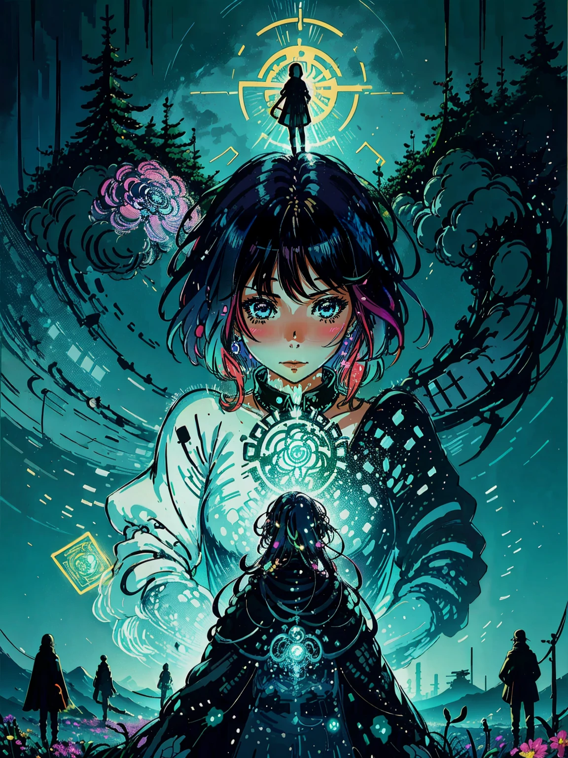 a trippy look into brain or what we call consciousness. hundertwasser trip style . egor letov album art cover vibes. artsy nature of human anime style scene tokyo traine ride romantic night ride kinda vibe running off with the love of your life studio ghibili feel type vibe drake type beat kinda thing. the characters are female and male and are supposed to look like the two humans in the picture given in the image prompt. in fairytale love. beautiful, magical vibe. strong, smart, coding cyberpunk