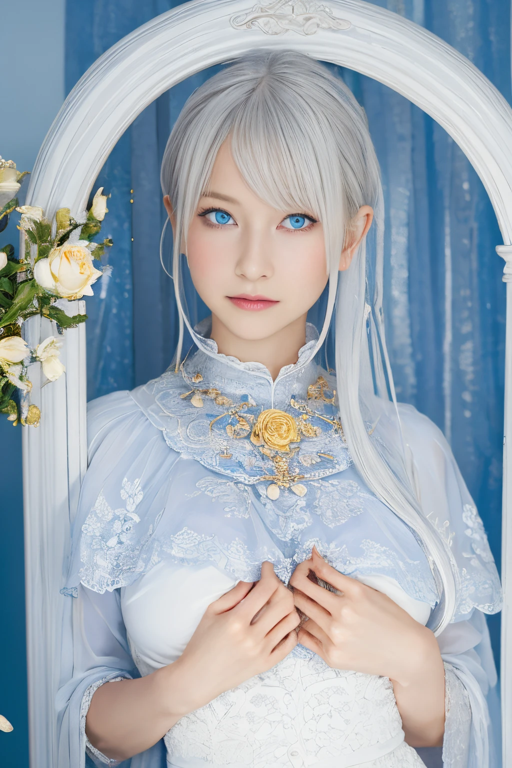 ((High quality)),masutepiece,(Detailed depiction of local details:1.2),1girl in,Blue eyes,large full breasts,Closed mouth,Eyelashes,Looking at Viewer,Portrait,Solo,Upper body,White hair,White theme,yorforger, golden rose