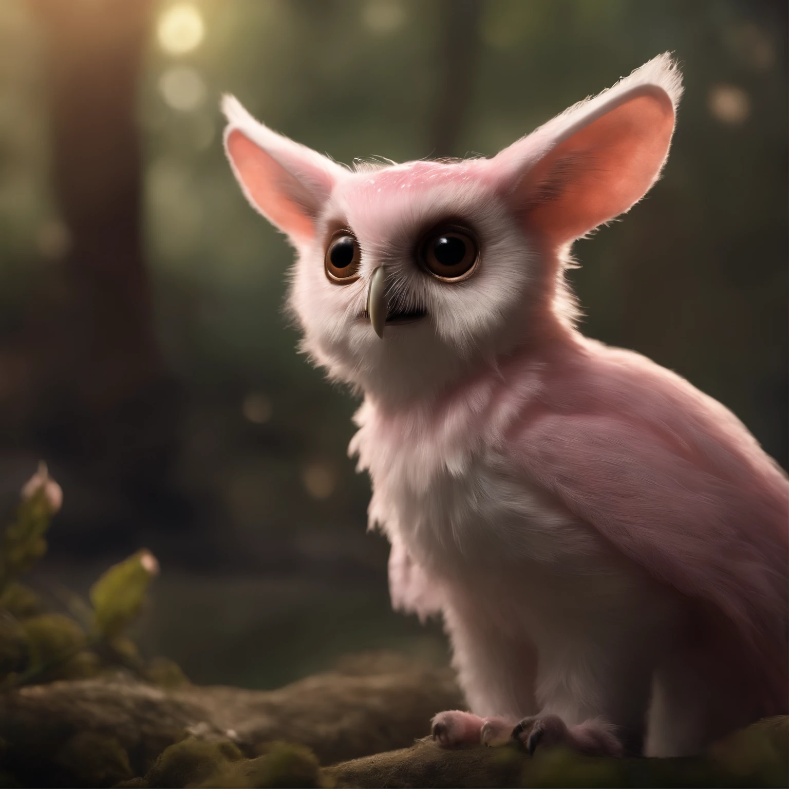 gremlin, like an owl, Huge eyes, large ears, horns near the ears, big carrot in paws, white and pink fur, short tail, pink wool coat, The clothes, Best Quality, Masterpiece, in style of dark fantasy art, 真实感, Realism, Sovp, tmasterpiece, Brad Jongsan walks in the jungle (Night of the Fireflies), (higly detailed: 1 1), rough face, natural skin, hiquality, NSFW, pretty eyes, (Detailed face and eyes), (s face: 1 2), tumult, Complementary, real-photo, ..PSD, Lightweight Film Photography, sharp-focus, contrast lighting, Detail Skin, high resolution 8k, Crazy detailing, Realistic, professional photo of a, 8K UHD, dslr, soft light, hiquality, film grains, Fujifilm XT3