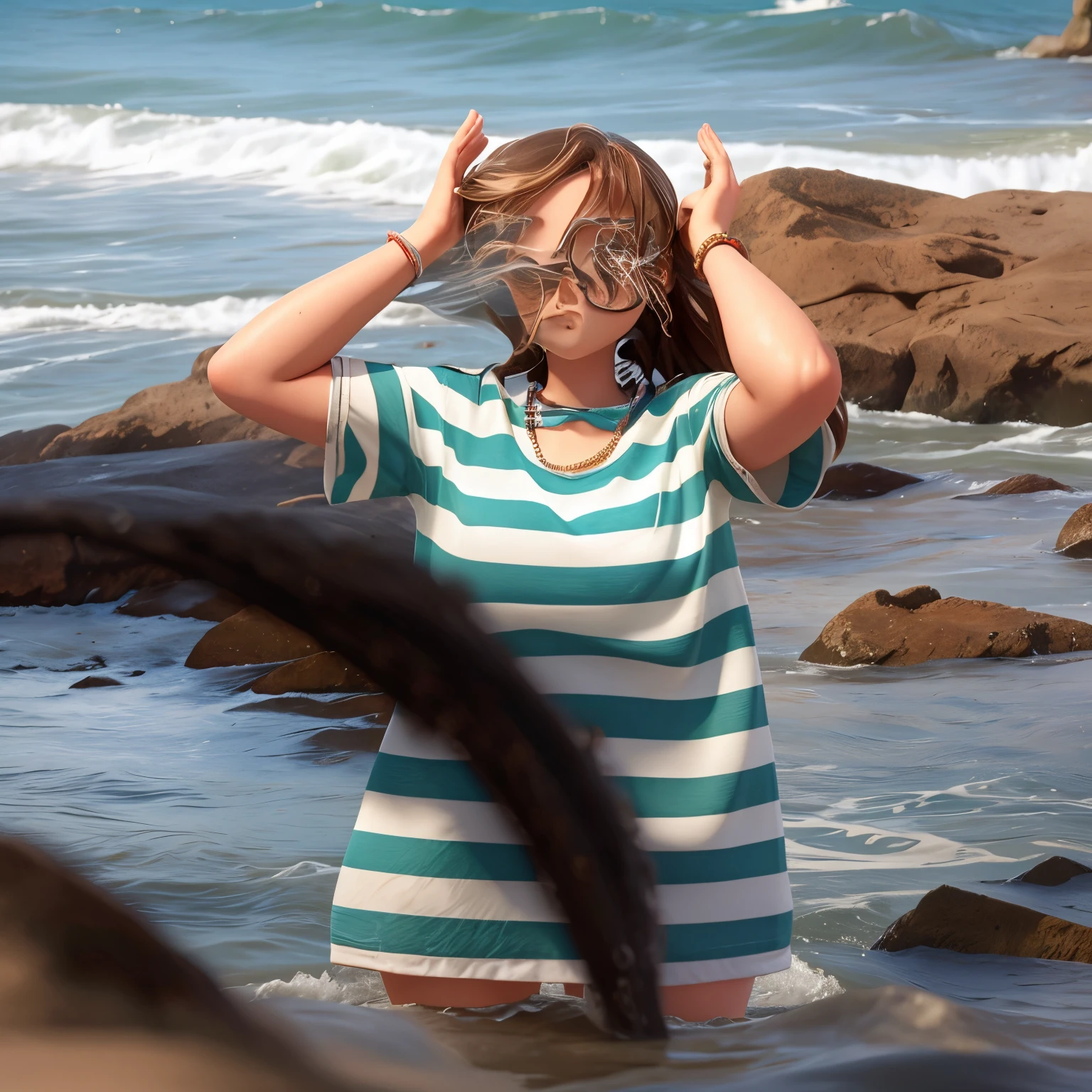 Girl at the beach holding her glasses in the water