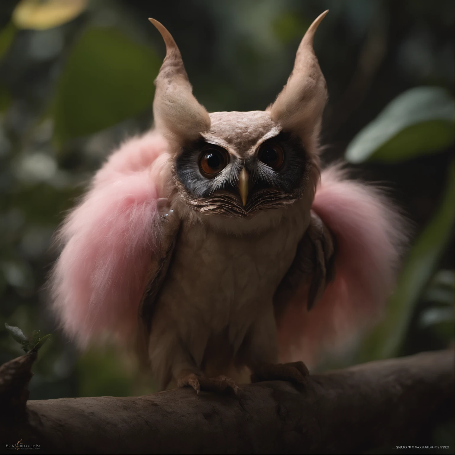 gremlin, like an owl, Huge eyes, large ears, horns near the ears, big carrot in paws, white and pink fur, short tail, pink wool coat, The clothes, Best Quality, Masterpiece, in style of dark fantasy art, 真实感, Realism, Sovp, tmasterpiece, Brad Jongsan walks in the jungle (Night of the Fireflies), (higly detailed: 1 1), rough face, natural skin, hiquality, NSFW, pretty eyes, (Detailed face and eyes), (s face: 1 2), tumult, Complementary, real-photo, ..PSD, Lightweight Film Photography, sharp-focus, contrast lighting, Detail Skin, high resolution 8k, Crazy detailing, Realistic, professional photo of a, 8K UHD, dslr, soft light, hiquality, film grains, Fujifilm XT3