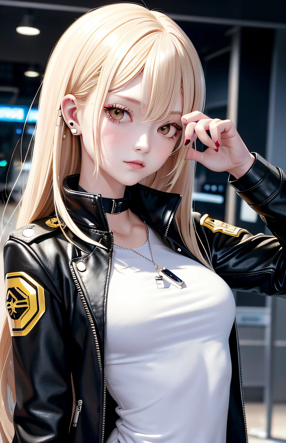 optimum,tmasterpiece,hight resolution,best qualtiy,hyper HD,super detailing,awardwinning,16 K,独奏,((The upper part of the body)),((Bust)),anatomy correct,Beautiful cyberpunk girl,Cute face,,Gradient Beige Hair,Hairline,((Dark golden eyes)),long eyelasher,Hanging eye corners,White skin of the,(small tit),(Slim body),((Women's Super Short Shawl Leather Jacket)),((Pilot uniform)),(()),Ear studs,(lanyard),(Laser material clothing:1.2)