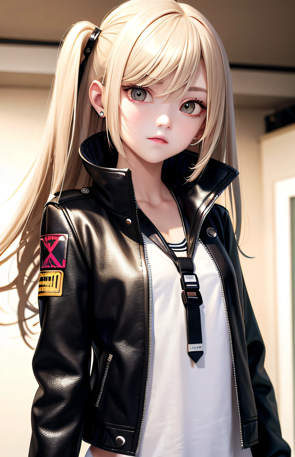 optimum，tmasterpiece，hight resolution，best qualtiy，hyper HD，super detailing，awardwinning，16 K，独奏，（（The upper part of the body）），（（Bust）），??????? correct，Beautiful cyberpunk girl，Cute face，，Gradient Beige Hair，Hairline，（（Dark golden eyes）），long eyelasher，Hanging eye corners，White skin of the，（small tit），（Slim body），（（Women's Super Short Shawl Leather Jacket）），（（Pilot uniform）），（（）），Ear studs，（lanyard），（Laser material clothing：1.2）