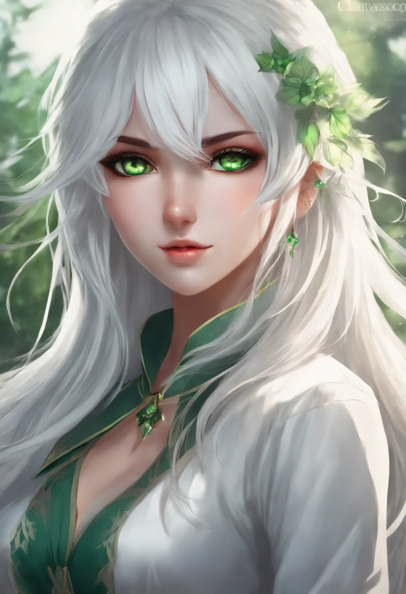 Anime female character with green eyes white hair showing her big
