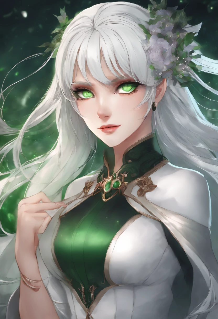 Anime female character with green eyes white hair showing her big