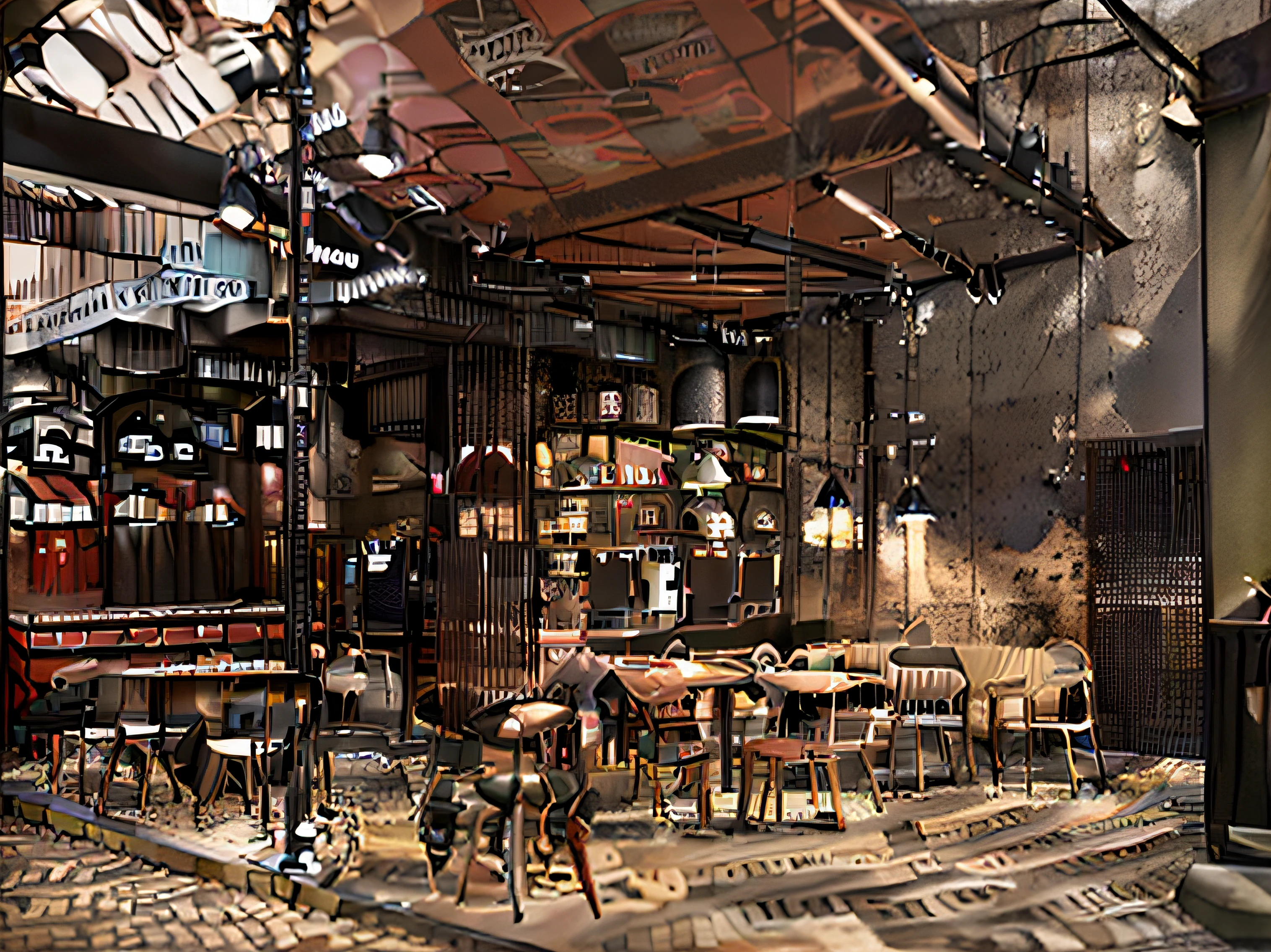 The space inside a coffee sh, following the street concept, have two-person tables and chairs, decorated with models of electric poles and street lights. Open 8K, with background light from street lamp model, (in darkness 1.5), three side view