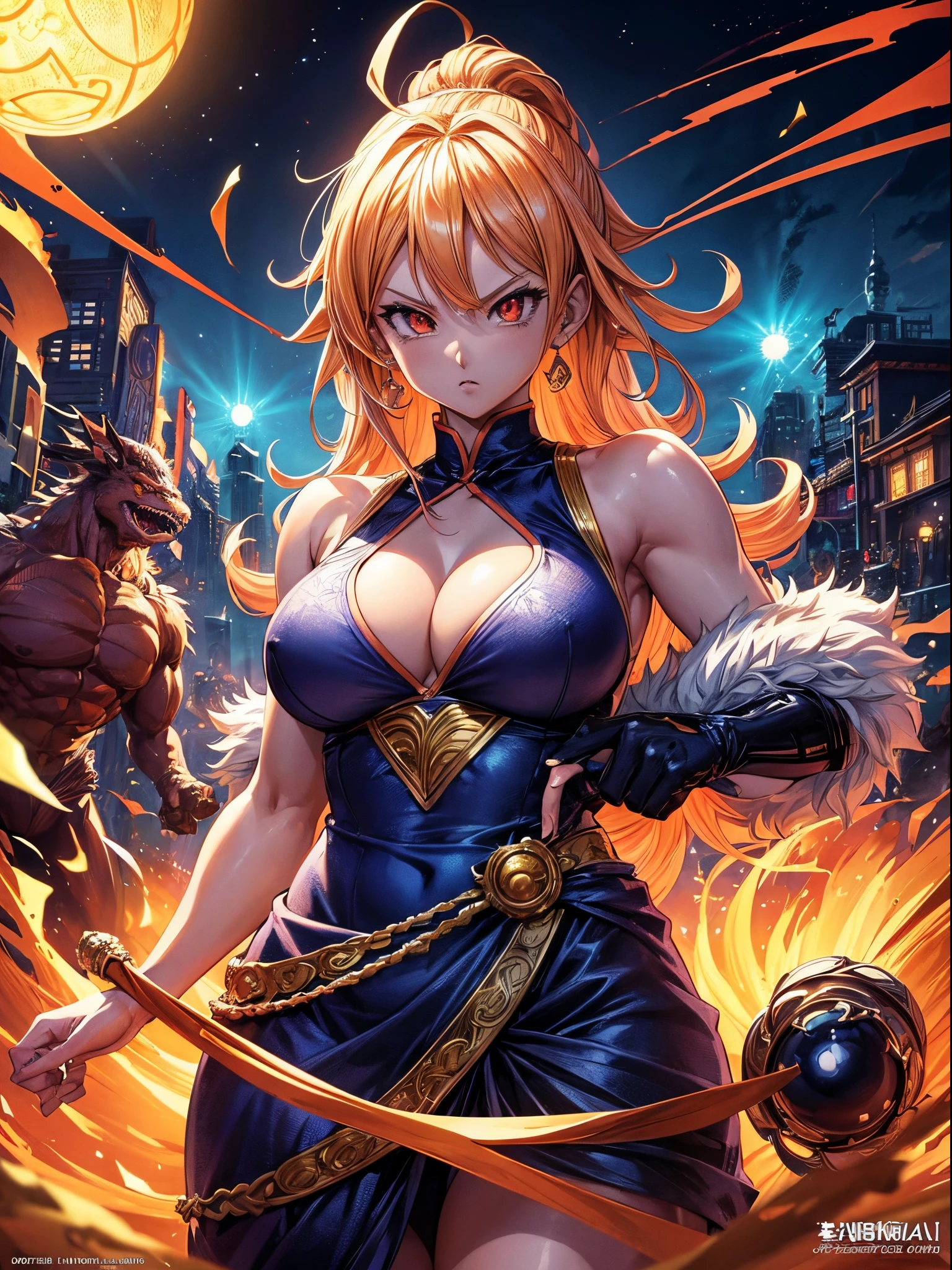 (Manga cover:), pen drawing style, HD 8K, rich plot, intricate background, rich details of the characters, Dragon Ball imagery, high-level perspective, neon night scene, rich atmosphere, summer noon, strong three-dimensionality, vivid character expressions, vivid character shapes, perfect scene details, and the overall style is strong and vibrant.