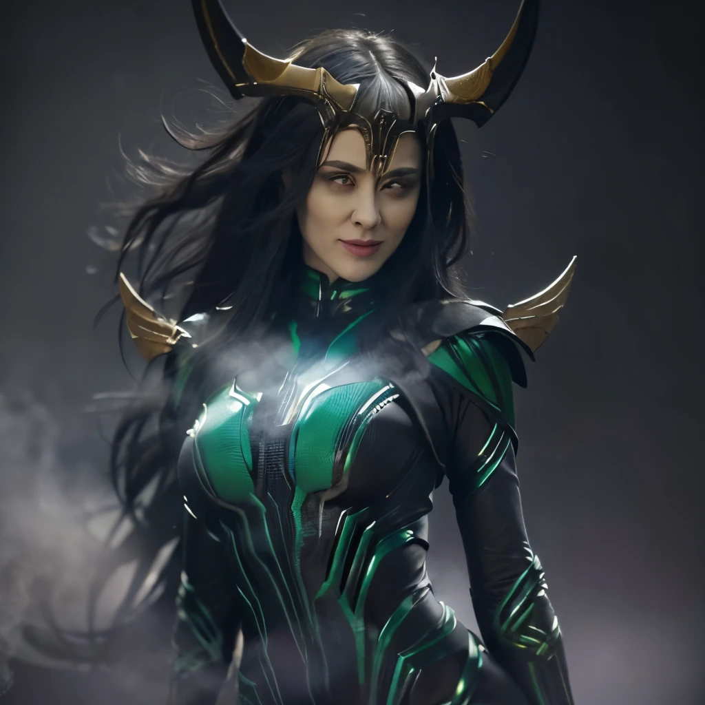 (((masterpiece))), 8k cg, best quality, intricate details, chromatic aberration, ((bust shot)), close up, ((looking at the viewer)), 1girl,Country girl, ((Character((Hela)), smile, closed mouth, tight lips, red eyes)), mature lady, 40 years old, aged face, strong features, ((straight long hair, ((black hair)), straight bangs)), ((god armor, horns, body suit)), defined body, petite, slender, curvy, (((background(((dark background)), fog)))