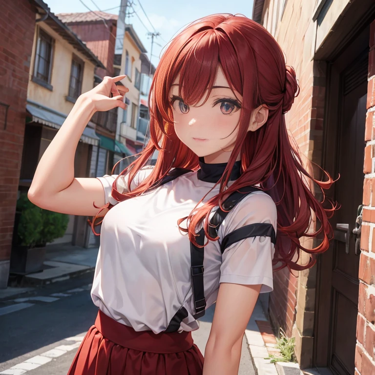 (digiNokia:1.3) , red hair, twintails, medium breast, energy, active, outdoors, uper body close_up, front view, looking at viewer, smile, city background, afternoon, sun rays, crowded, casual outfit, masterpiece, high quality, score_9, score_8_up, score_7_up, score_6, portrait