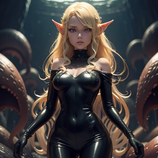 Octopus-shaped slime tortures and attacks, 1 girl elf, blonde woman,in an open black leather jumpsuit, Full growth in the frame. Slime Monster, Tentacles. Very wet. Anxious atmosphere. higly detailed.