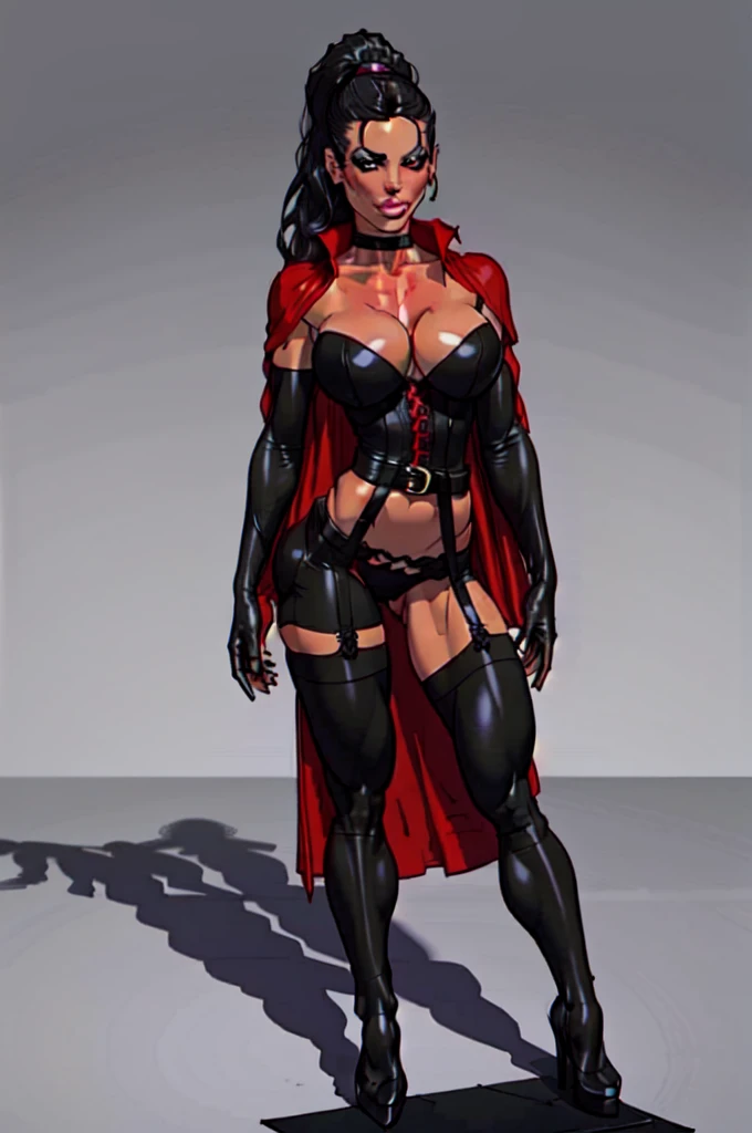 (((medium shot))). Drawing of ((best quality)), ((masterpiece)), (detailed), perfect face, Gothic pale skin female, solo wearing a black leather corset with laces, (((belts))), red cape, red ribbon, lipstick, dark purple hair in a ponytail, perfect anatomy, dominatrix, slender figure, ((black garter belt on hips)), midriff exposed, ((squeezed cleavage:1.1)), hourglass waist, angular face, defined cheekbones, (dark stockings), dark gauntlets, heavy makeup, choker, collar, shadow over eyes, looking at viewer, black thigh highs, black lingerie, medium shot, lighting, artwork, blank background