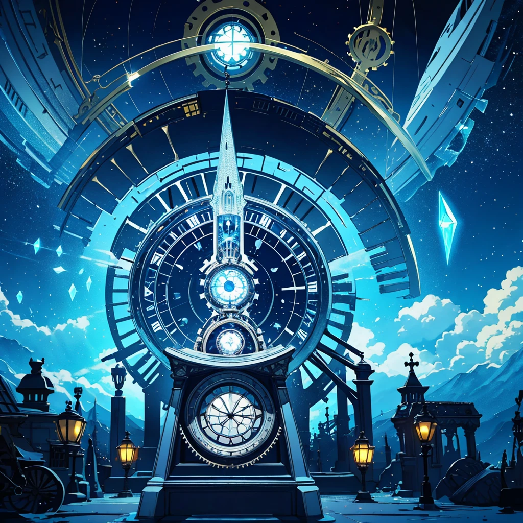 absurdres, best quality, fine detailed, 8k, no humans, blue sky, white cloud, Many huge colorful clocks and gears floating in the sky, a huge clock decorated with silver crystal texture, white gears of various sizes, elaborately constructed altar, clock-themed ornament, silver chain, steampunk, ray tracing, refraction, cinematic lighting, fisheye lens, tyndall effect