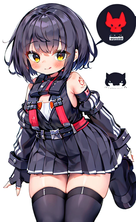 top-quality, ultra-detailliert, 1girl in, 独奏, Velorta, breastsout, up looking_で_viewer, red blush, A smile, Short_hair, bangss, skirt by the, D, thighs thighs thighs thighs, gloves, Bare_shoulders, Twin-tailed, Closed_Mouth, ,yellow_Eyes, pleats_Skirt, long boots, tongue, Black_gloves, a belt, Black_thighs thighs thighs thighs, a miniskirt, tongue_out, fingerless_gloves, Black_Skirt, Black_Footwear, zettai_ryouiki, The tattoo, ((Chibi)),cannons