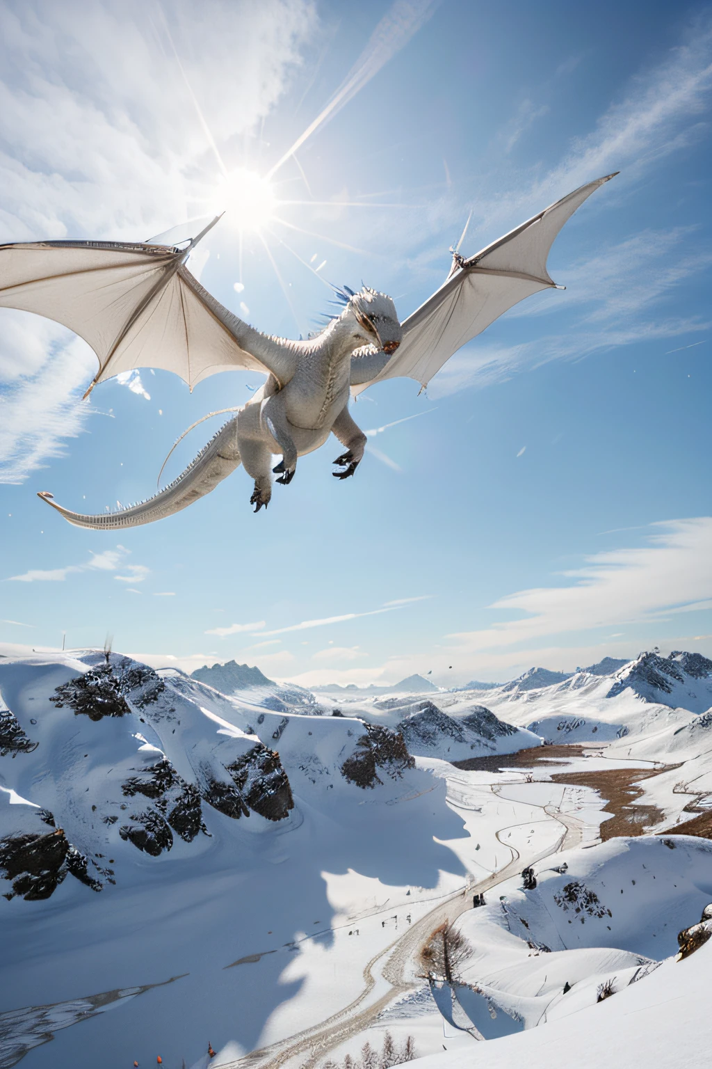 White Dragon, flies over a snowy landscape, echtes Aussehen, dangerous, 4K