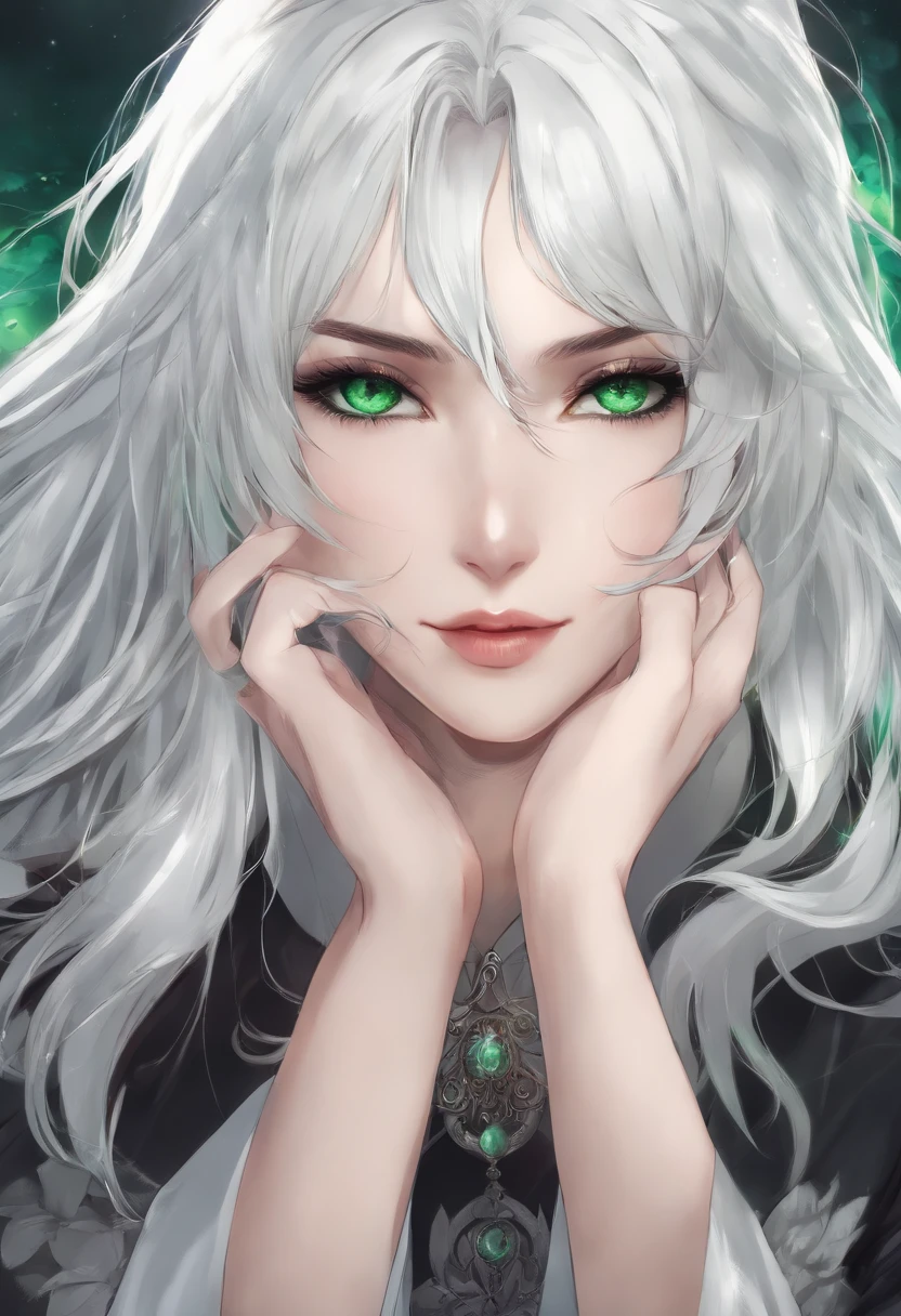 Anime female character with green eyes white hair showing her big