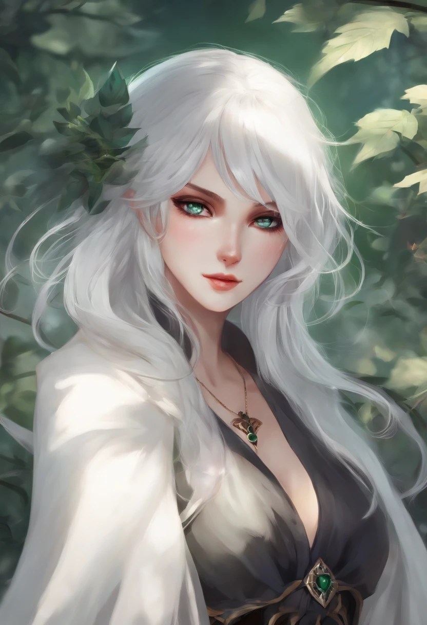 Anime female character with green eyes white hair showing her big