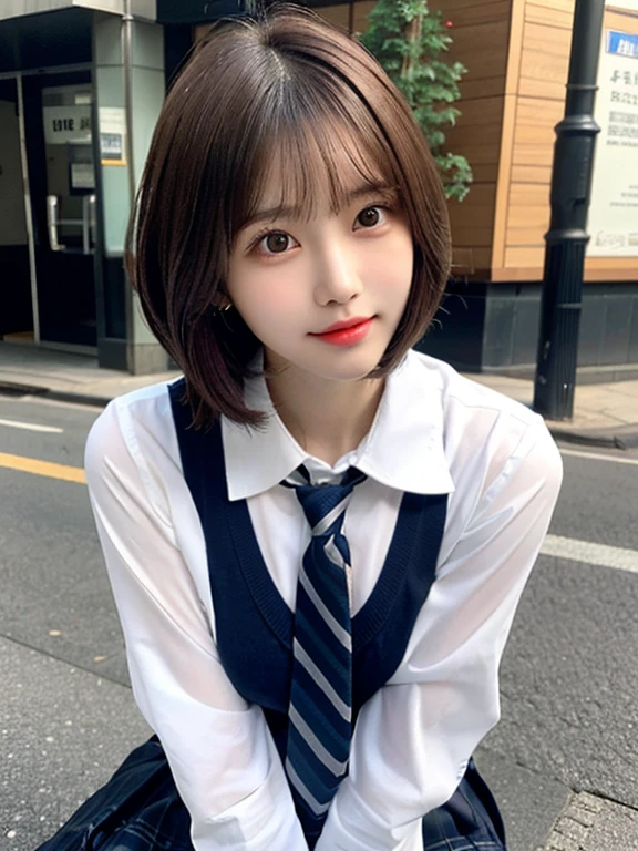 (masterpiece, best quality, photo realistic, official art:1.4), (UHD, 8K quality wallpaper, High resolution, raw photo, film grain:1.2), (shiny skin), professional lighting, physically-based rendering, Award-winning, highly detailed skin, (extremely detailed face and eyes, clear pupils), Carl Zeiss 85 mm F/1.4, depth of field, BREAK, 1girl, solo, kawaii 16-year-old Korean schoolgirl, (Nogizaka idol:0.7), (Korean idol:0.9), (glossy brown hair, fluffy bob cut, forehead:1.3), extreme round face, single eyelid, smirk, mouth closed, (wearing school uniforms, longsleeved collared shirt, school tie:1.3), plaid mini skirt, navy socks, loafers, (breasts emphasized, well shaped medium breasts), (looking at viewer), BREAK, at a street in Shibuya, summer daytime, warm sunlight, (seductive posing with dynamic angle:1.3), face focus, upper body shot,