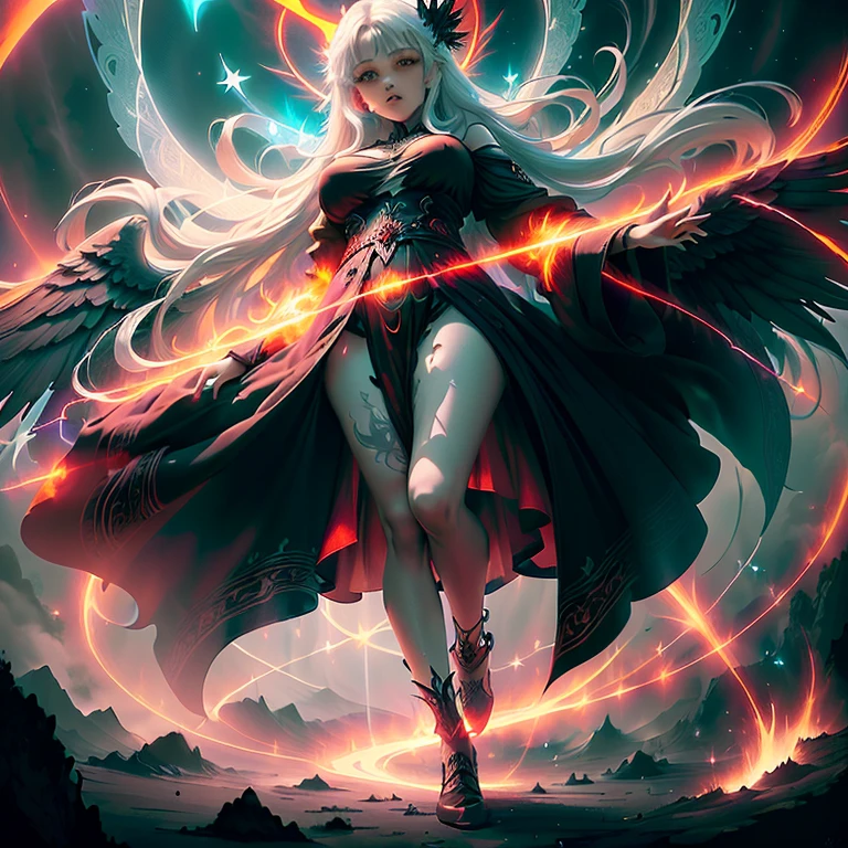 round image,(masterpiece:1.3), (the best quality:1.2), (super fine illustrations:1.2), (Masterpiece), high quality, high detail,(SOLO:1.4),((round image)),[(white background:1.1)::5],[(ruins:1):5],[(game character portrait:1.2):5],1 girl,solo,(((full body))),only five fingers,((white long hair)) ((yellow and (White) ends)),long hair, whole body, look at viewer, ((looking from above)), (bright aqua eyes), lighting, (magic red and black energy wings), godrays, halo, magic rays, energy halo, starry night, moon light, magic symbols, ((fullbody red magic tatoos)), magic pillars, magic aura
(hyper detail:1.1), (dramatic light:1.2), (intricate details:1.1), (colourful:1.1), godrays, sexy pose, medium boobs, (rising from hell:1.2), (red flowing robes:1.2), (red and black dress:1.2), (ethereal glow:1.3), (heavenly atmosphere:1.3),