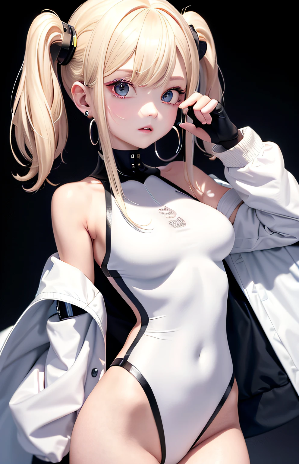 optimum,tmasterpiece,hight resolution,best qualtiy,hyper HD,super detailing,awardwinning,16 K,独奏,(The upper part of the body),anatomy correct,Beautiful cyberpunk girl,cute face,,Gradient Beige Hair,Hairline,((scarlet eyes)),long eyelasher,Hanging eye corners,White skin of the,(small tit),(Slim body),((windproof jacket uniform)),(),Ear studs,(neck rings),(Laser material clothing:1.2)