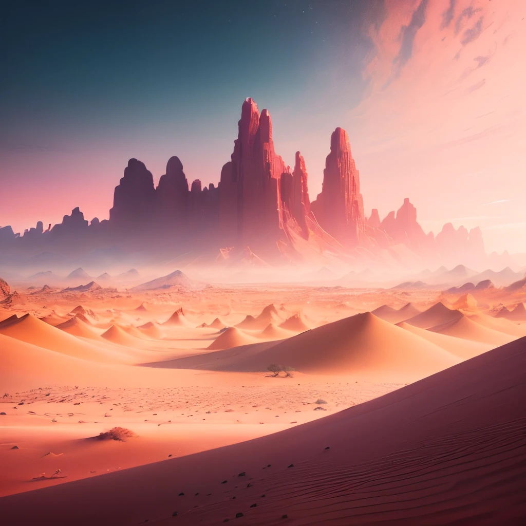 a painting of a desert landscape with a pink sky, a matte painting by Mike Winkelmann, cgsociety, generative art, synthwave, retrowave, matte background