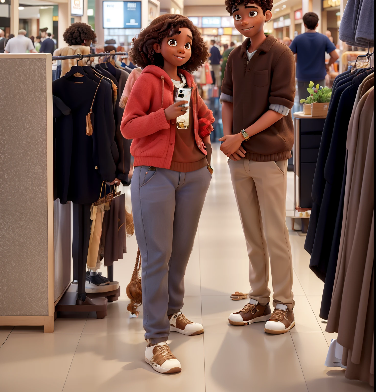 a couples in shopping mall the girl with brown wavy hair and light brown skin and boy with curly hair and light brown skin and the girl take the picture with iPhone 14 pro in the mirror